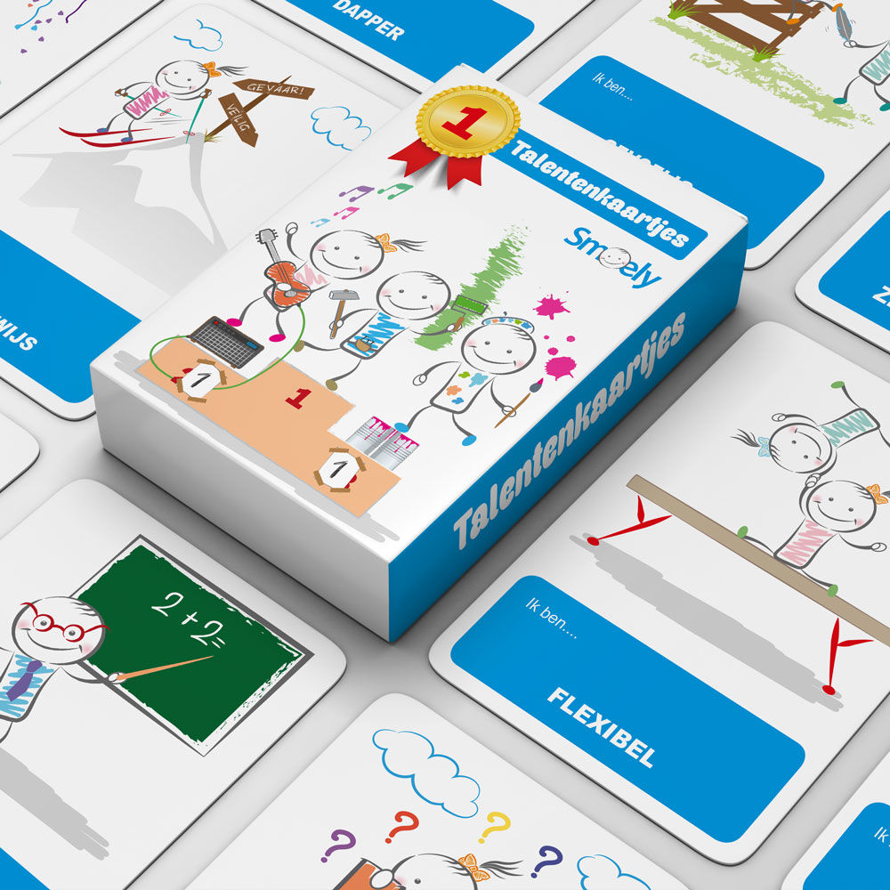 educatief spel Talentenkaartjes van smoely liggend op tafel met doosje